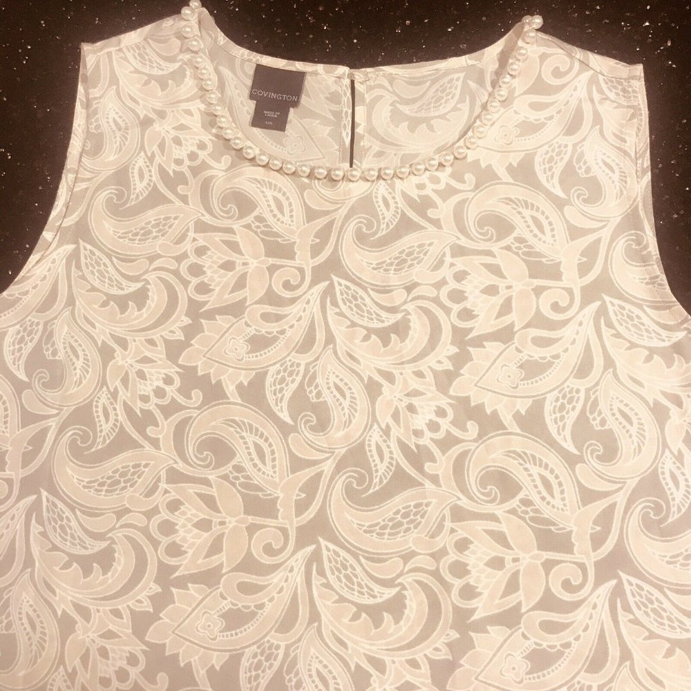 Covington Blouse LG Sleeveless Pearl Trim Wht/Taupe/Tan Muted Print Finished Hem